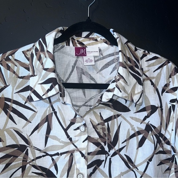 JM Collection | 100% Linen Brown & White Foliage Print Button Up Blouse Size:14 - Picture 4 of 9